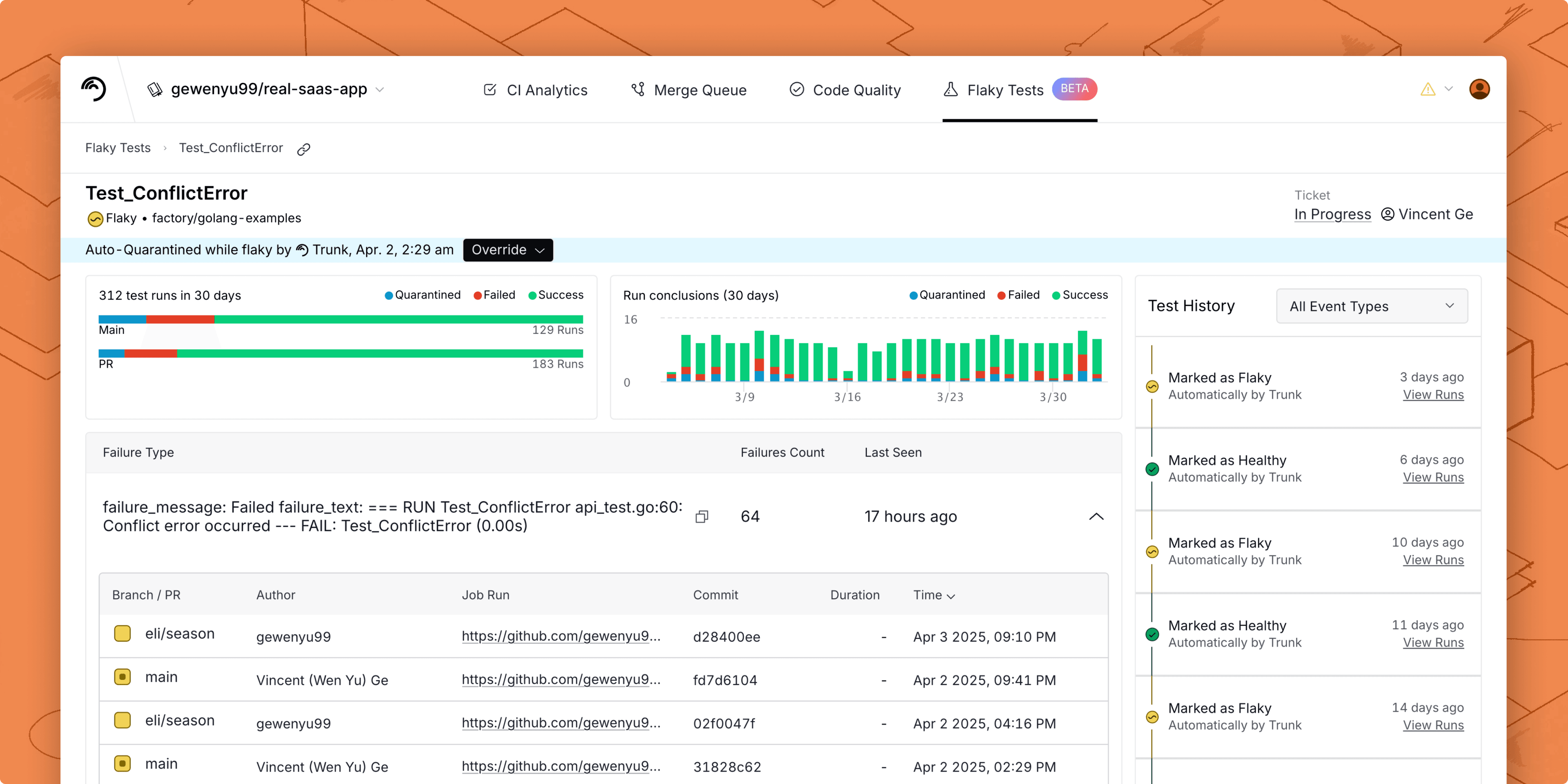A screenshot of the test details page in Trunk Flaky Tests. It displays the flaky status of the test, multiple bar charts that show test success, quarantine, and failure history, a test history timeline, and a table with unique failure reasons.
