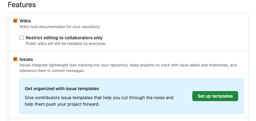 screenshot of the GitHub Features panel showing the issues setting selected.